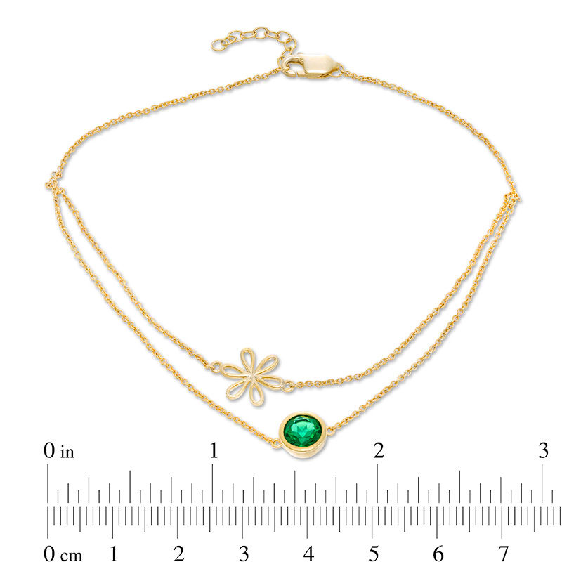 6.0mm Lab-Created Emerald Solitaire and Daisy Outline Double Strand Anklet in 10K Gold - 10"