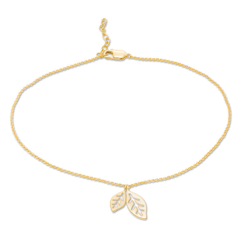 Double Leaf Dangle Anklet in 10K Gold - 10"