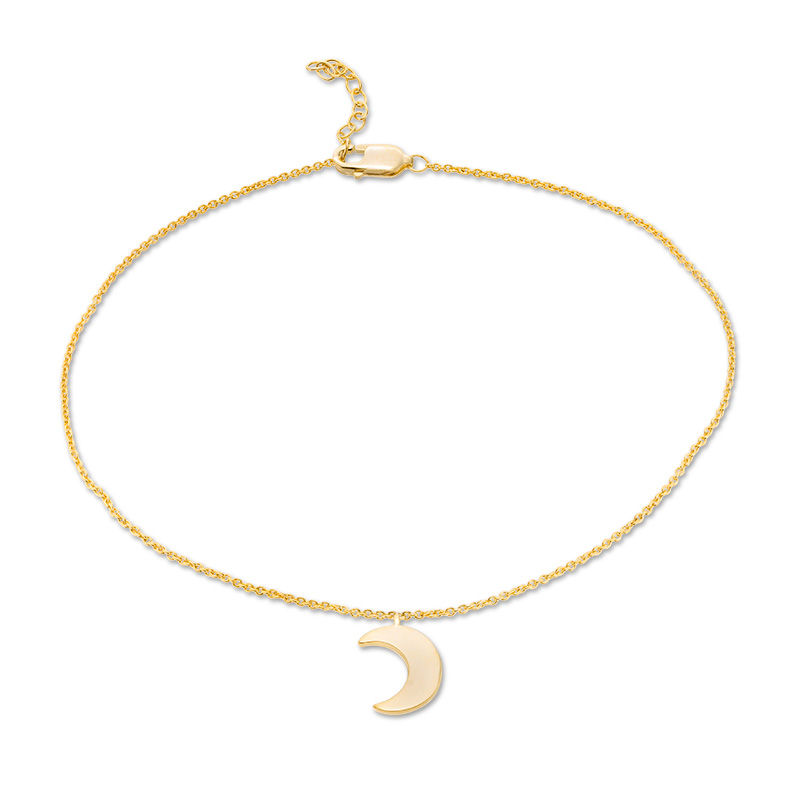 Polished Crescent Moon Dangle Anklet in 10K Gold - 10"