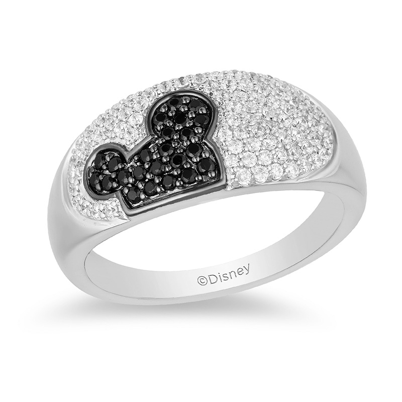 Main Image 1 of Mickey Mouse & Minnie Mouse 0.45 CT. T.W. Enhanced Black and White Diamond Ring in Black Sterling Silver