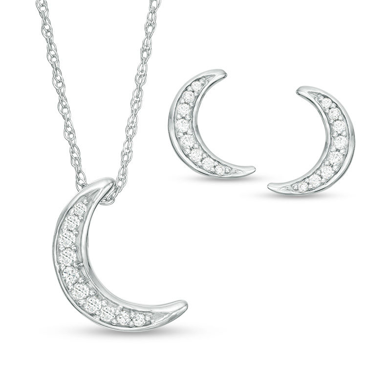 0.29 CT. T.W. Diamond Crescent Moon Pendant and Stud Earrings Set in Sterling Silver|Peoples Jewellers