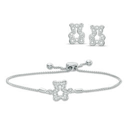 0.23 CT. T.W. Diamond Polar Bear Stud Earrings and Bolo Bracelet Set in Sterling Silver - 9.5&quot;