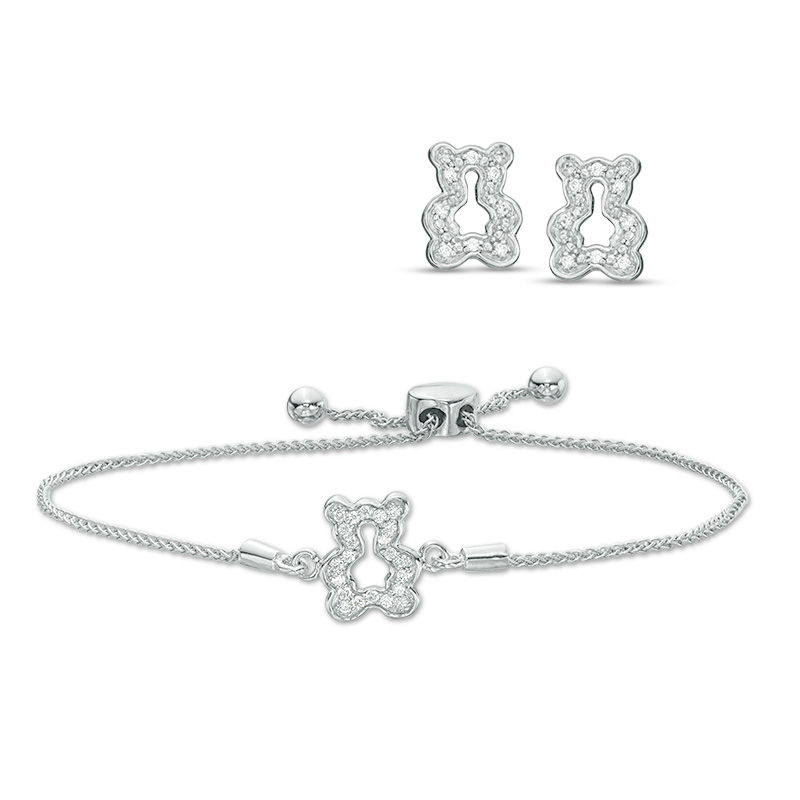 0.23 CT. T.W. Diamond Polar Bear Stud Earrings and Bolo Bracelet Set in Sterling Silver - 9.5"