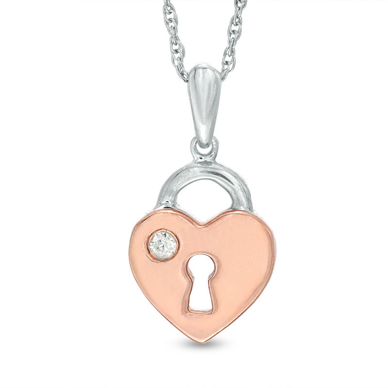 Diamond Accent Solitaire Heart Pendant in Sterling Silver and 10K Rose Gold