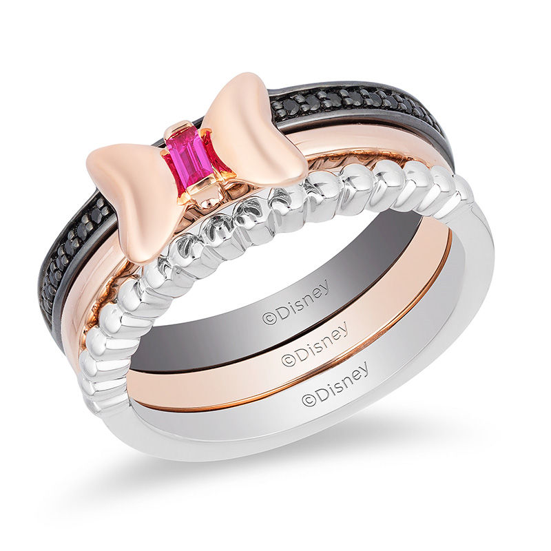 Mickey Mouse & Minnie Mouse Garnet and 0.115 CT. T.W. Diamond Band Set in Sterling Silver and 10K Rose Gold|Peoples Jewellers