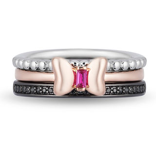 Mickey Mouse & Minnie Mouse Garnet and 0.115 CT. T.W. Diamond Band Set in Sterling Silver and 10K Rose Gold