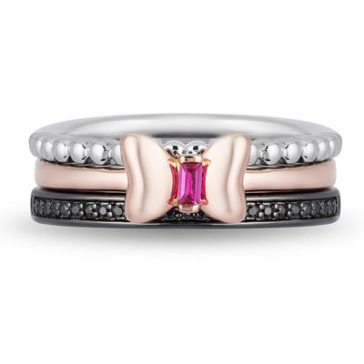 Mickey Mouse & Minnie Mouse Garnet and 0.115 CT. T.W. Diamond Band Set in Sterling Silver and 10K Rose Gold