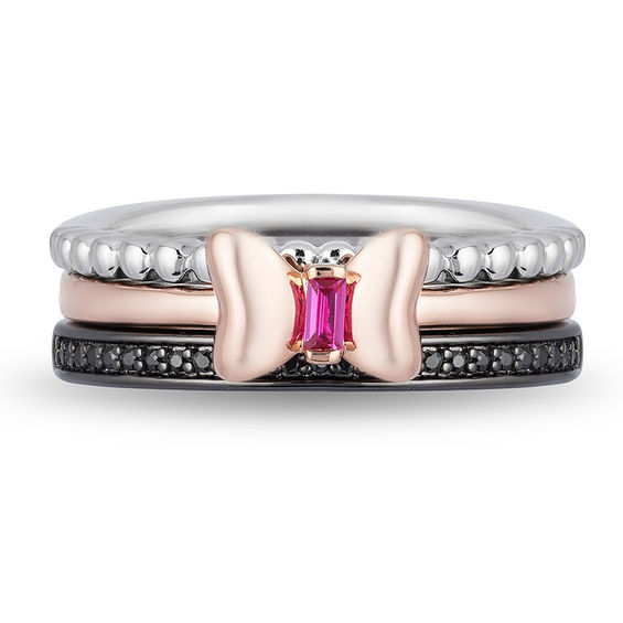 Mickey Mouse & Minnie Mouse Garnet and 0.115 CT. T.W. Diamond Band Set in Sterling Silver and 10K Rose Gold
