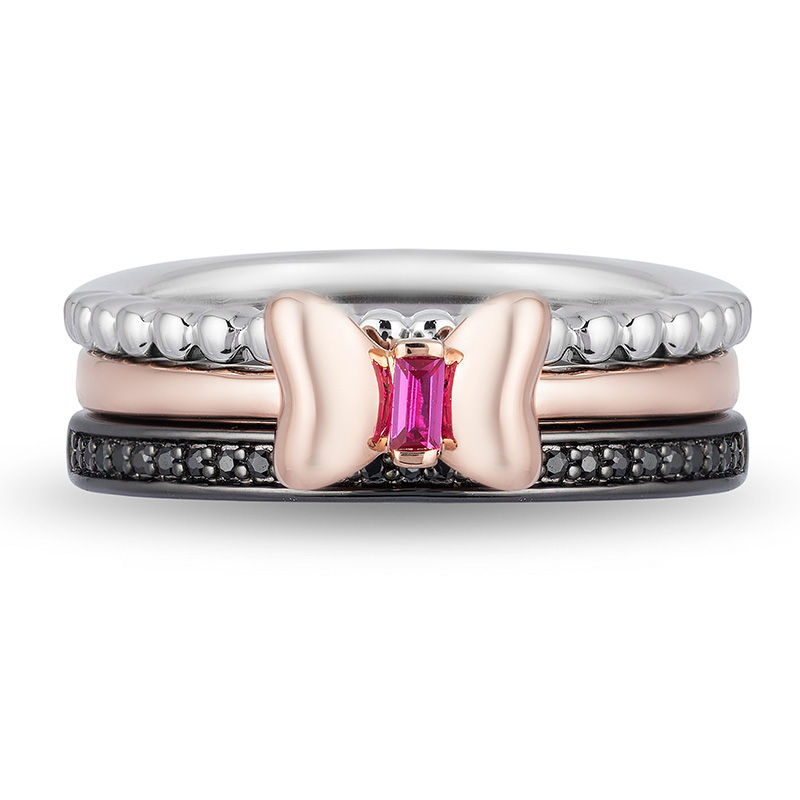 Main Image 3 of Mickey Mouse & Minnie Mouse Garnet and 0.115 CT. T.W. Diamond Band Set in Sterling Silver and 10K Rose Gold
