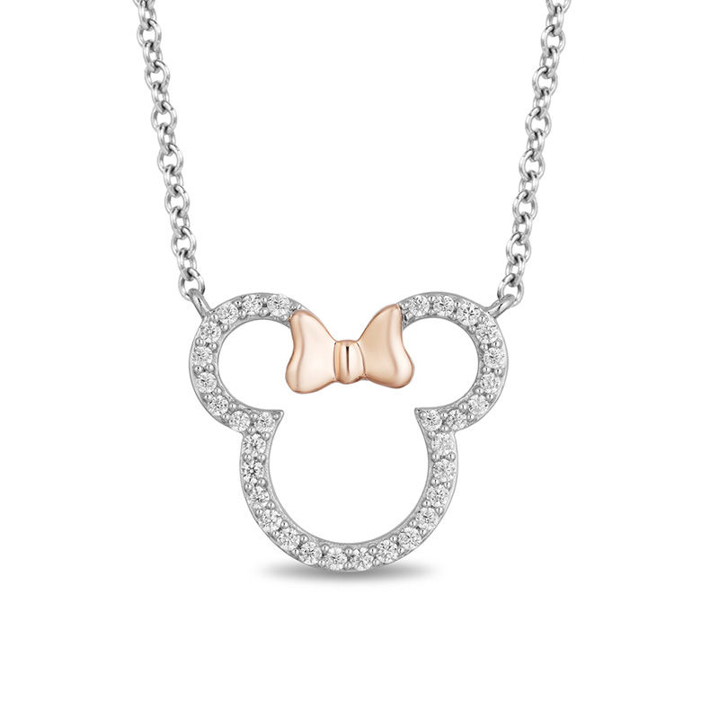 Mickey Mouse & Minnie Mouse 0.18 CT. T.W. Diamond Outline Necklace in Sterling Silver and 10K Rose Gold - 17.5"|Peoples Jewellers