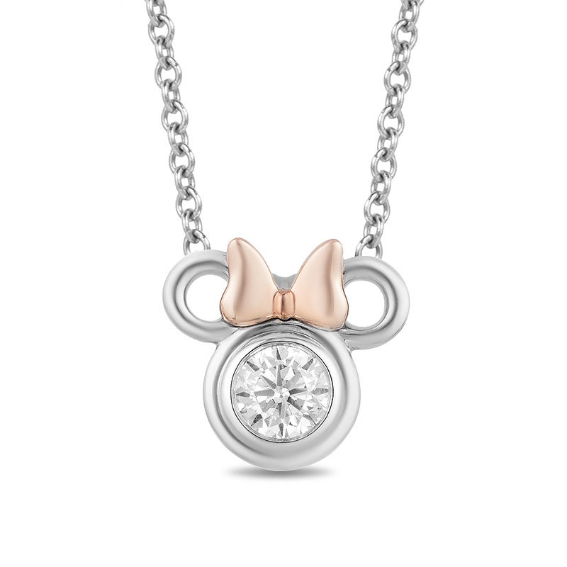 Mickey Mouse & Minnie Mouse 0.23 CT. Diamond Solitaire Pendant in Sterling Silver and 10K Rose Gold - 19"