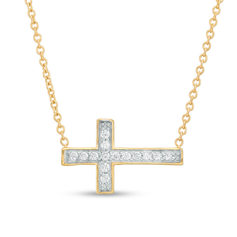 0.10 CT. T.W. Diamond Sideways Cross Necklace in 10K Gold - 17"|Peoples Jewellers