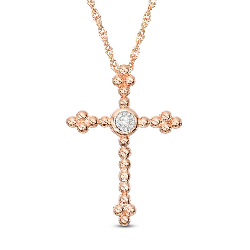 Diamond Accent Beaded Cross Pendant in 10K Rose Gold|Peoples Jewellers