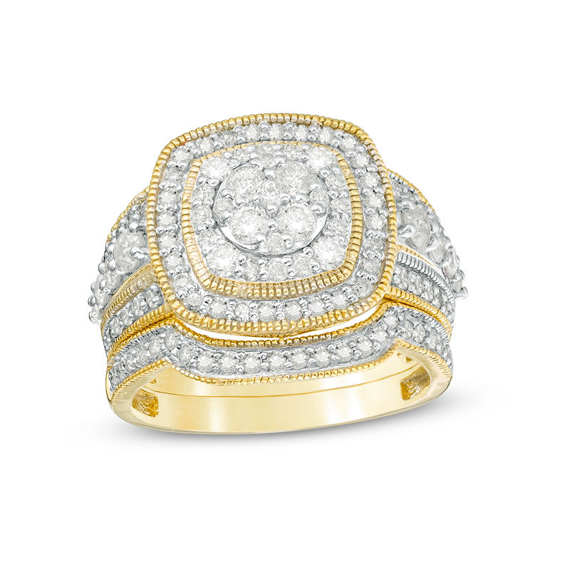 1.45 CT. T.W. Composite Diamond Double Cushion Frame Vintage-Style Bridal Set in 10K Gold