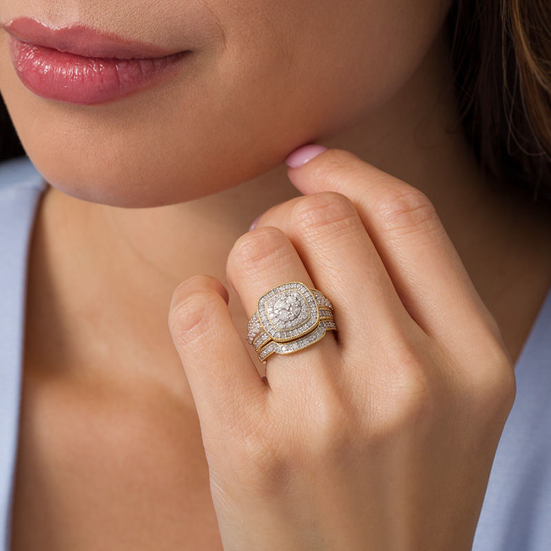 Main Image 2 of 1.45 CT. T.W. Composite Diamond Double Cushion Frame Vintage-Style Bridal Set in 10K Gold