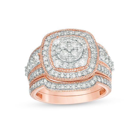 1.45 CT. T.W. Composite Diamond Double Cushion Frame Vintage-Style Bridal Set in 10K Rose Gold