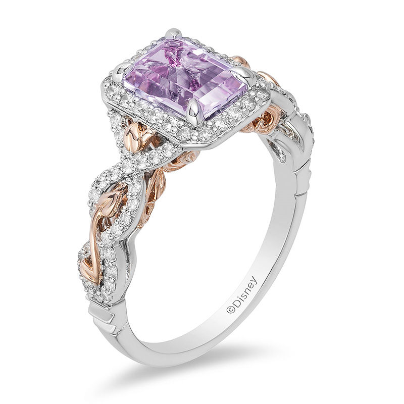 Enchanted Disney Rapunzel Rose de France Amethyst and 0.32 CT. T.W. Diamond Frame Engagement Ring in 14K Two-Tone Gold