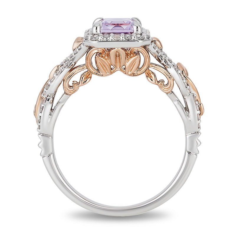 Enchanted Disney Rapunzel Rose de France Amethyst and 0.32 CT. T.W. Diamond Frame Engagement Ring in 14K Two-Tone Gold