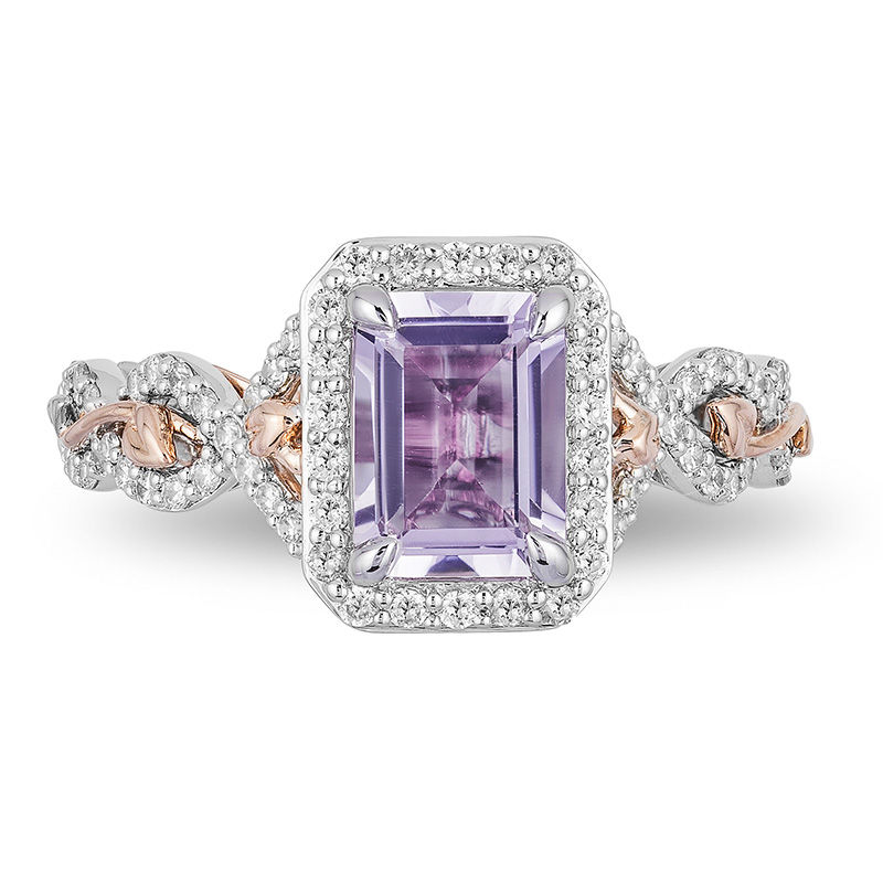 Enchanted Disney Rapunzel Rose de France Amethyst and 0.32 CT. T.W. Diamond Frame Engagement Ring in 14K Two-Tone Gold