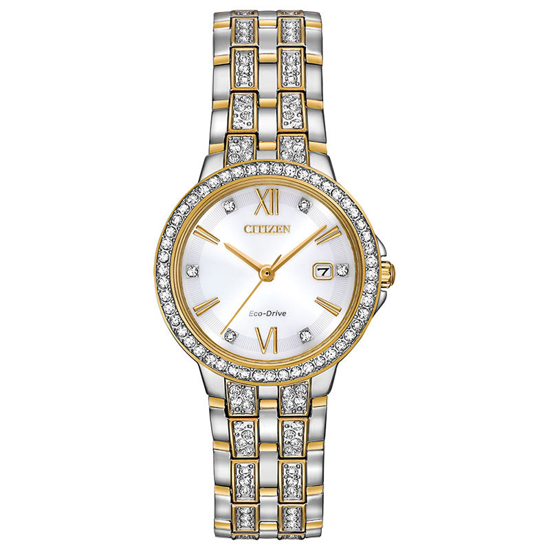 Ladies' Citizen Eco-Drive® Crystal Accent Two-Tone Watch with Silver-Tone Dial and Bracelet Box Set (Model: EW2344-65A)