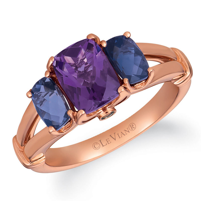 Main Image 1 of Le Vian® Cushion-Cut Grape Amethyst™, Iolite and Chocolate Diamonds® Accent Three Stone Ring in 14K Strawberry Gold™