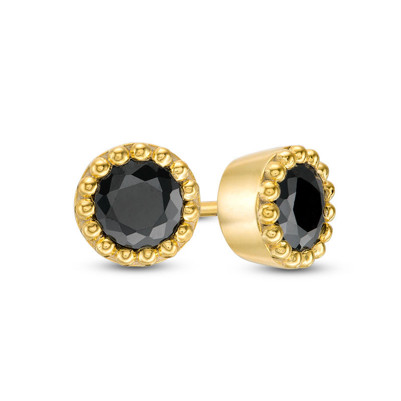 Main Image 1 of 0.58 CT. T.W. Black Diamond Solitaire Beaded Frame Stud Earrings in 10K Gold