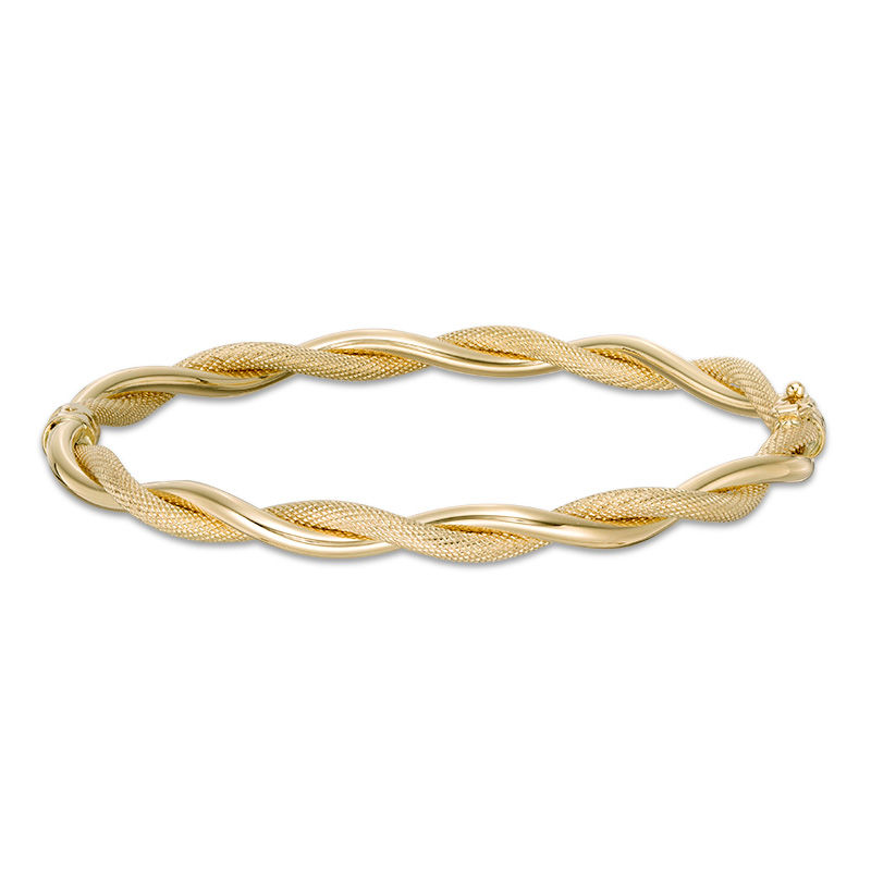 5.0mm Multi-Finish Twisted Ribbons Hinged Bangle in 14K Gold|Peoples Jewellers