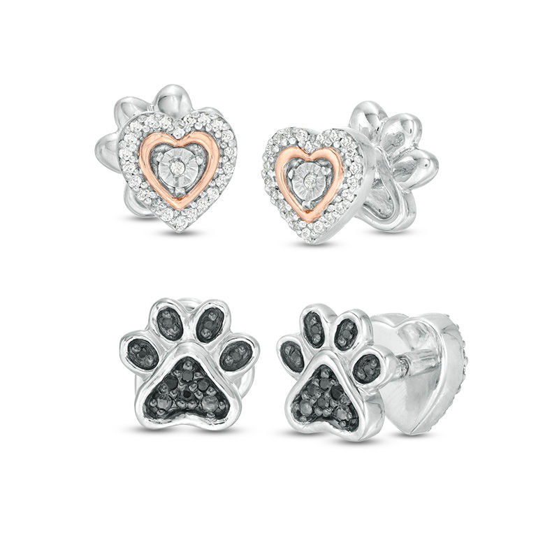 0.085 CT. T.W. Diamond Reversible Heart and Paw Print Stud Earrings in Sterling Silver and 10K Rose Gold