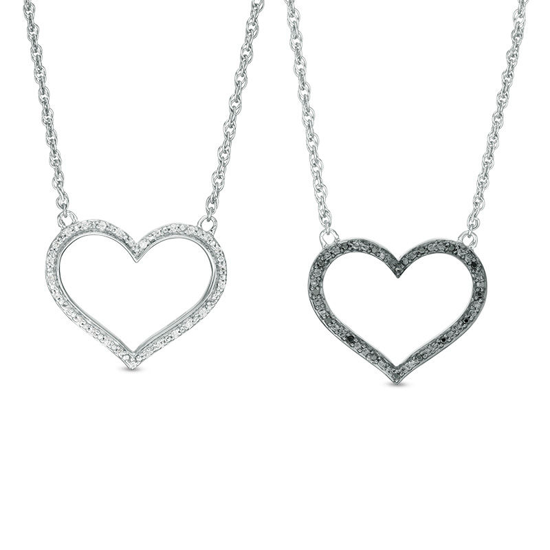 0.145 CT. T.W. Enhanced Black and White Diamond Reversible Heart Outline Necklace in Sterling Silver - 17.45"|Peoples Jewellers