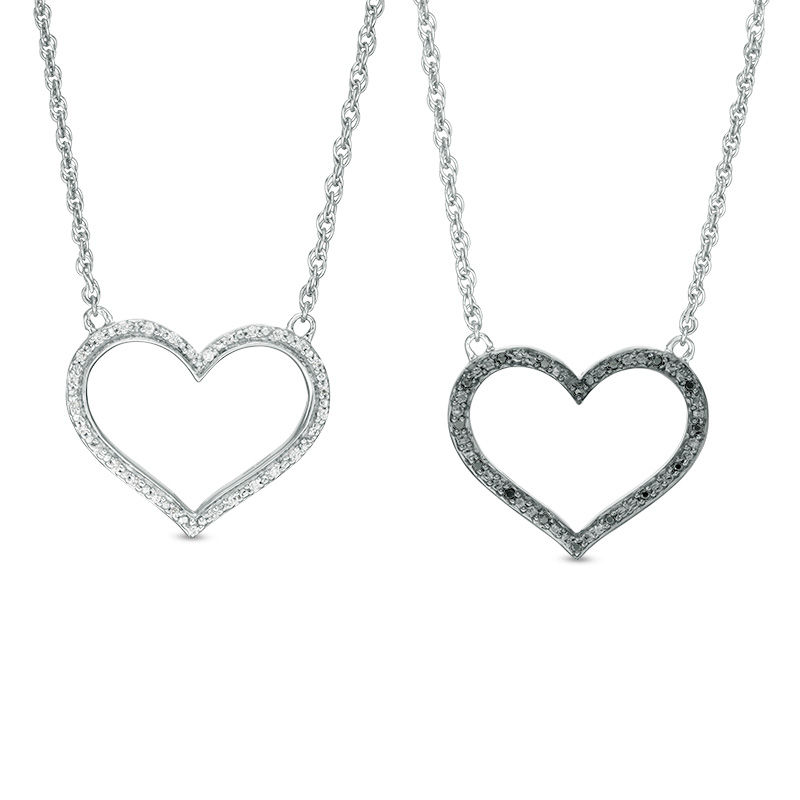 0.145 CT. T.W. Enhanced Black and White Diamond Reversible Heart Outline Necklace in Sterling Silver - 17.45"