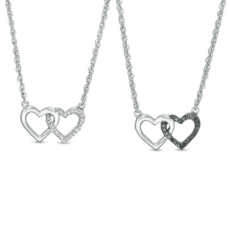 0.115 CT. T.W. Enhanced Black and White Diamond Reversible Interlocking Hearts Necklace in Sterling Silver - 17.37"|Peoples Jewellers