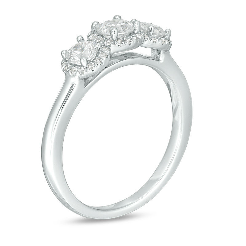 Main Image 2 of 0.95 CT. T.W. Certified Canadian Diamond Frame Three Stone Engagement Ring in 14K White Gold (I/I1)
