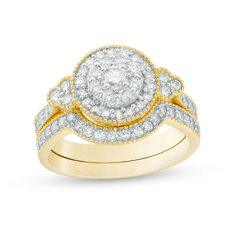 Main Image 1 of 0.95 CT. T.W. Diamond Double Frame with Tri-Sides Vintage-Style Bridal Set in 10K Gold