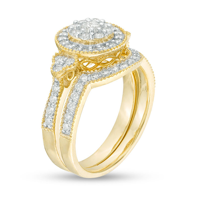 Main Image 2 of 0.95 CT. T.W. Diamond Double Frame with Tri-Sides Vintage-Style Bridal Set in 10K Gold