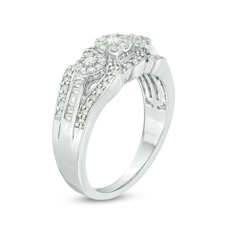 0.45 CT. T.W. Composite Diamond Three Stone Frame Bypass Engagement Ring in Sterling Silver