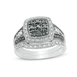 0.45 CT. T.W. Black and White Multi-Diamond Cushion Frame Vintage-Style Bridal Set in Sterling Silver