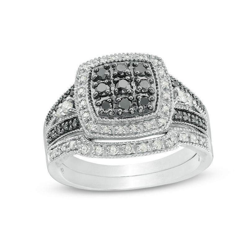 Main Image 1 of 0.45 CT. T.W. Black and White Multi-Diamond Cushion Frame Vintage-Style Bridal Set in Sterling Silver