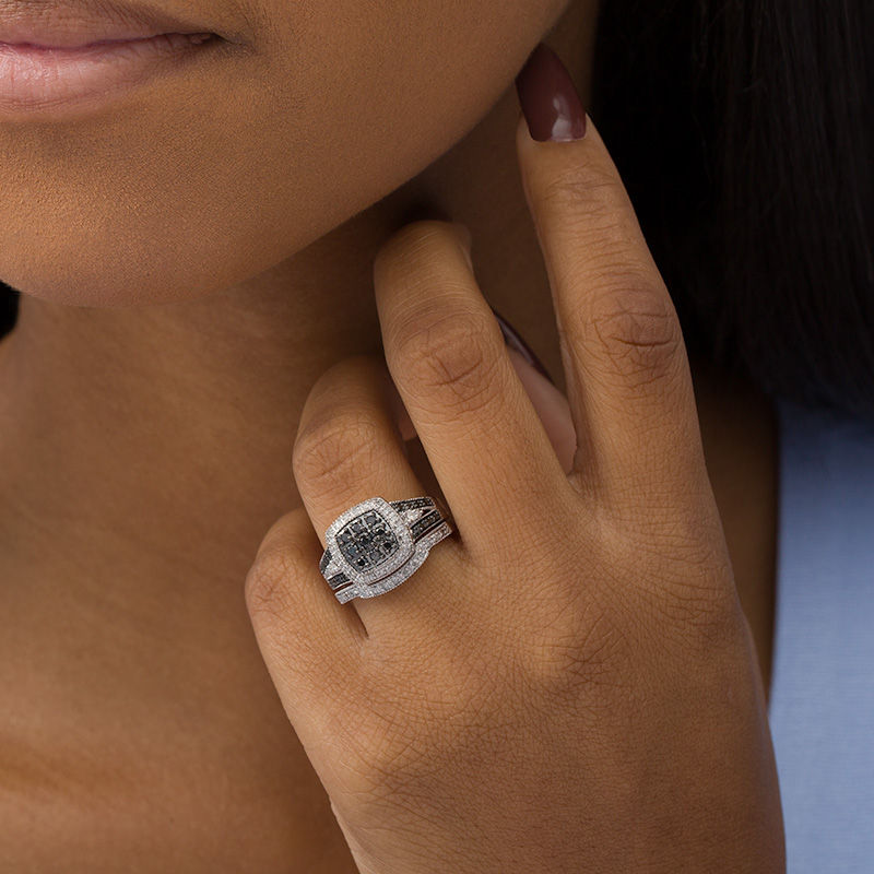 Main Image 2 of 0.45 CT. T.W. Black and White Multi-Diamond Cushion Frame Vintage-Style Bridal Set in Sterling Silver