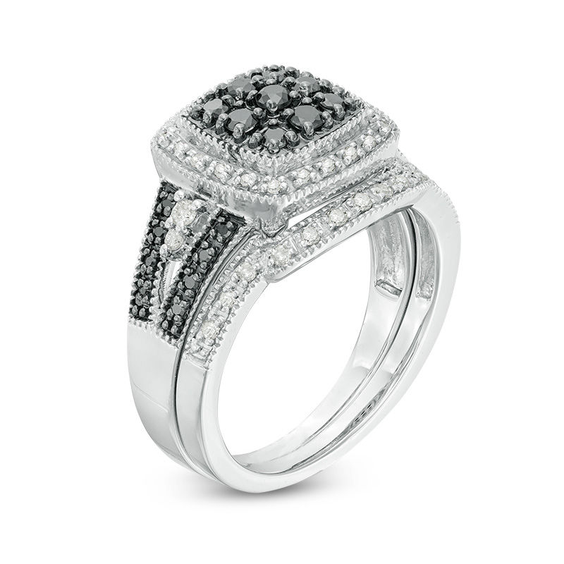 Main Image 3 of 0.45 CT. T.W. Black and White Multi-Diamond Cushion Frame Vintage-Style Bridal Set in Sterling Silver