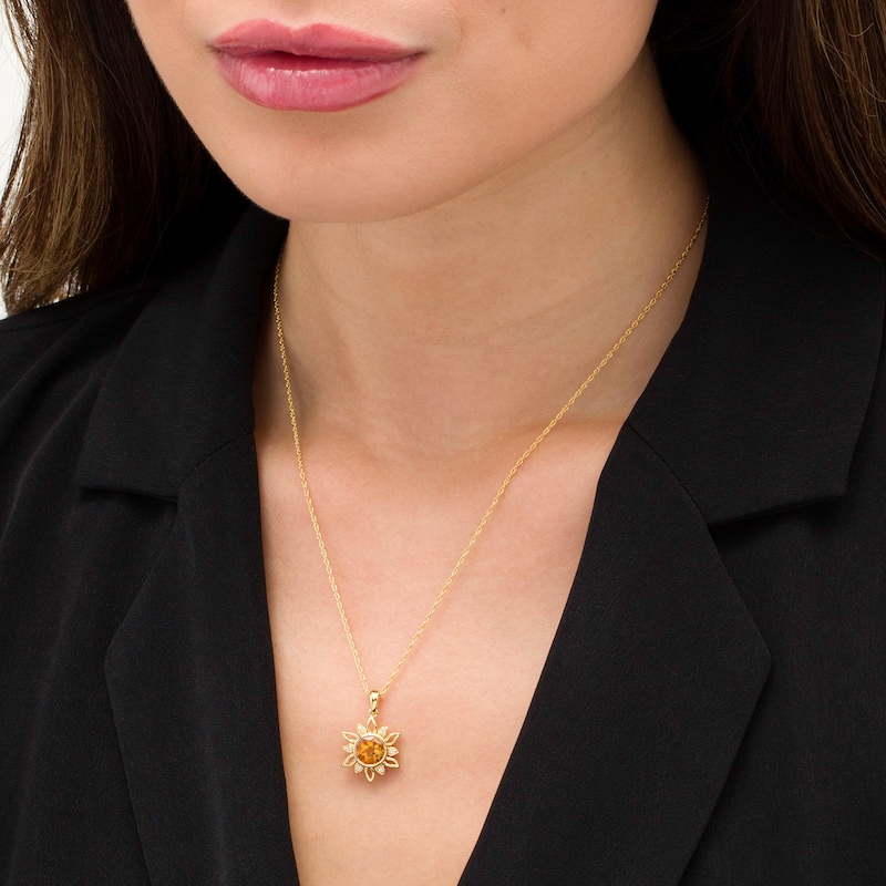 Main Image 2 of 7.0mm Citrine and Lab-Created White Sapphire Sunburst Pendant in Sterling Silver with 14K Gold Plate