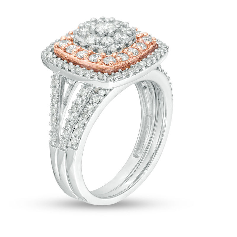 Main Image 2 of 1.23 CT. T.W. Composite Diamond Double Cushion Frame Split Shank Bridal Set in 10K Two-Tone Gold