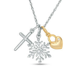 Diamond Accent Cross, Snowflake and Heart Lock Charms Pendant in Sterling Silver and 14K Gold Plate