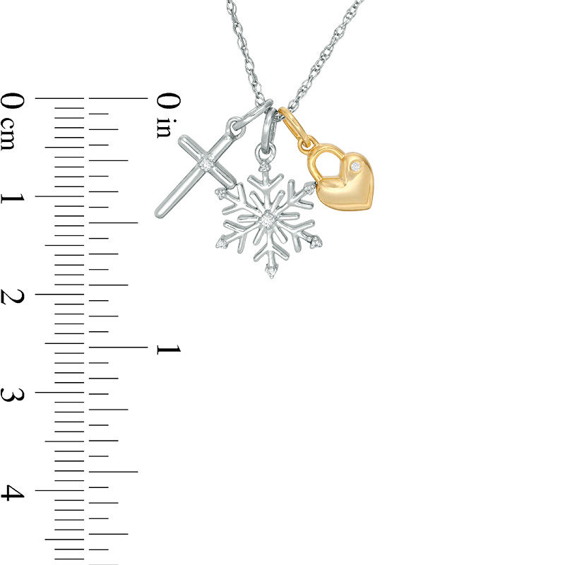 Diamond Accent Cross, Snowflake and Heart Lock Charms Pendant in Sterling Silver and 14K Gold Plate