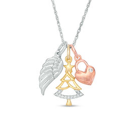Diamond Accent Wing, Christmas Tree and Heart Charms Pendant in Sterling Silver and 14K Two-Tone Gold Plate