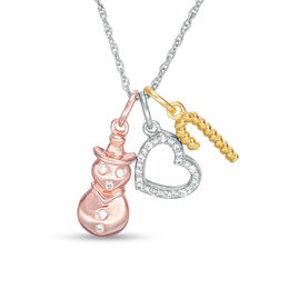 0.04 CT. T.W. Diamond Snowman, Heart and Candy Cane Charms Pendant in Sterling Silver and 14K Two-Tone Gold Plate