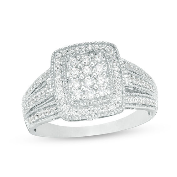 0.45 CT. T.W. Composite Diamond Rectangular Frame Multi-Row Vintage-Style Ring in Sterling Silver
