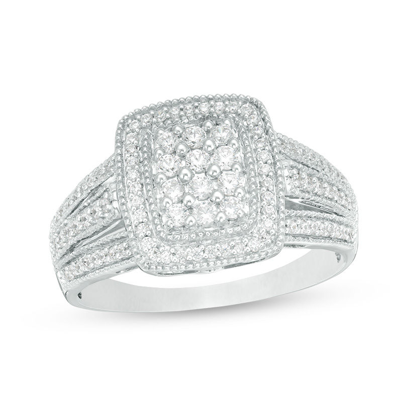 0.45 CT. T.W. Composite Diamond Rectangular Frame Multi-Row Vintage-Style Ring in Sterling Silver