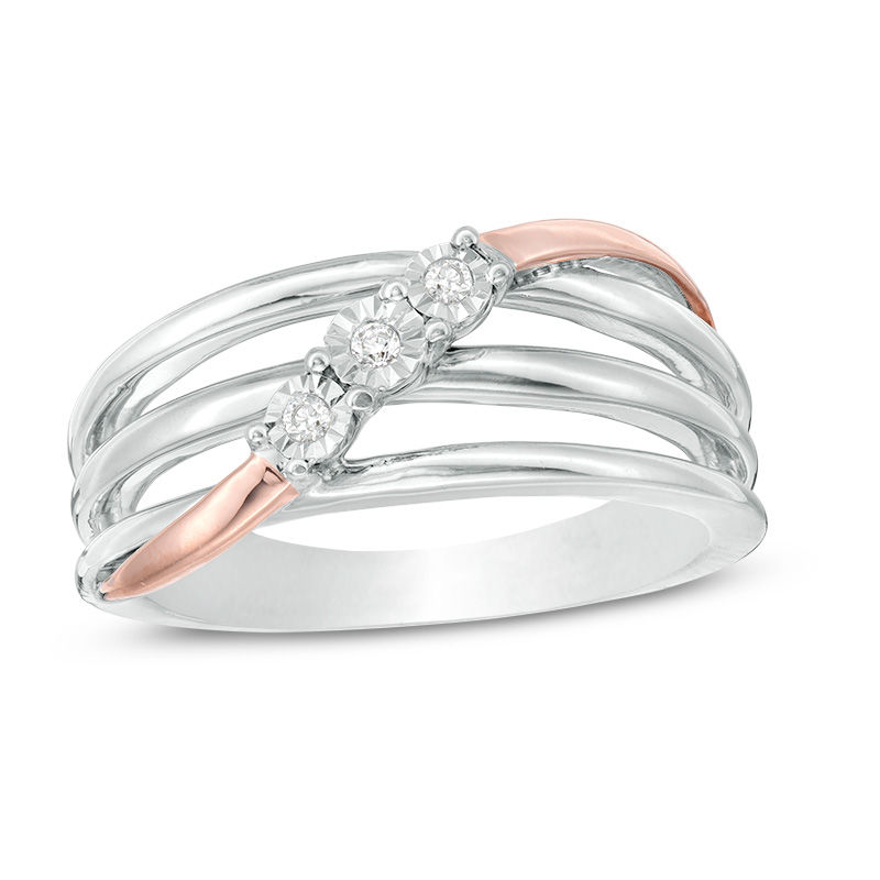 Diamond Accent Three Stone Wave Crossover Open Multi-Row Ring in Sterling Silver and 10K Rose Gold