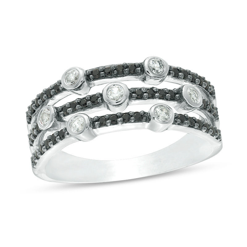 0.37 CT. T.W. Enhanced Black and White Diamond Bezel-Set Station Multi-Row Stacked Ring in 10K White Gold