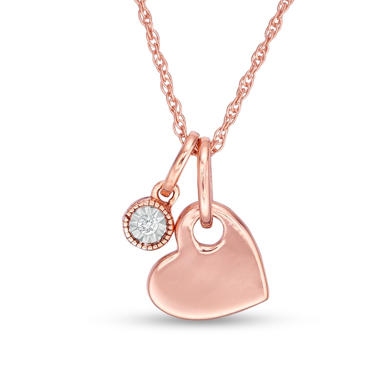 Diamond Accent Solitaire and Heart Charm Pendant in Sterling Silver with 14K Rose Gold Plate|Peoples Jewellers